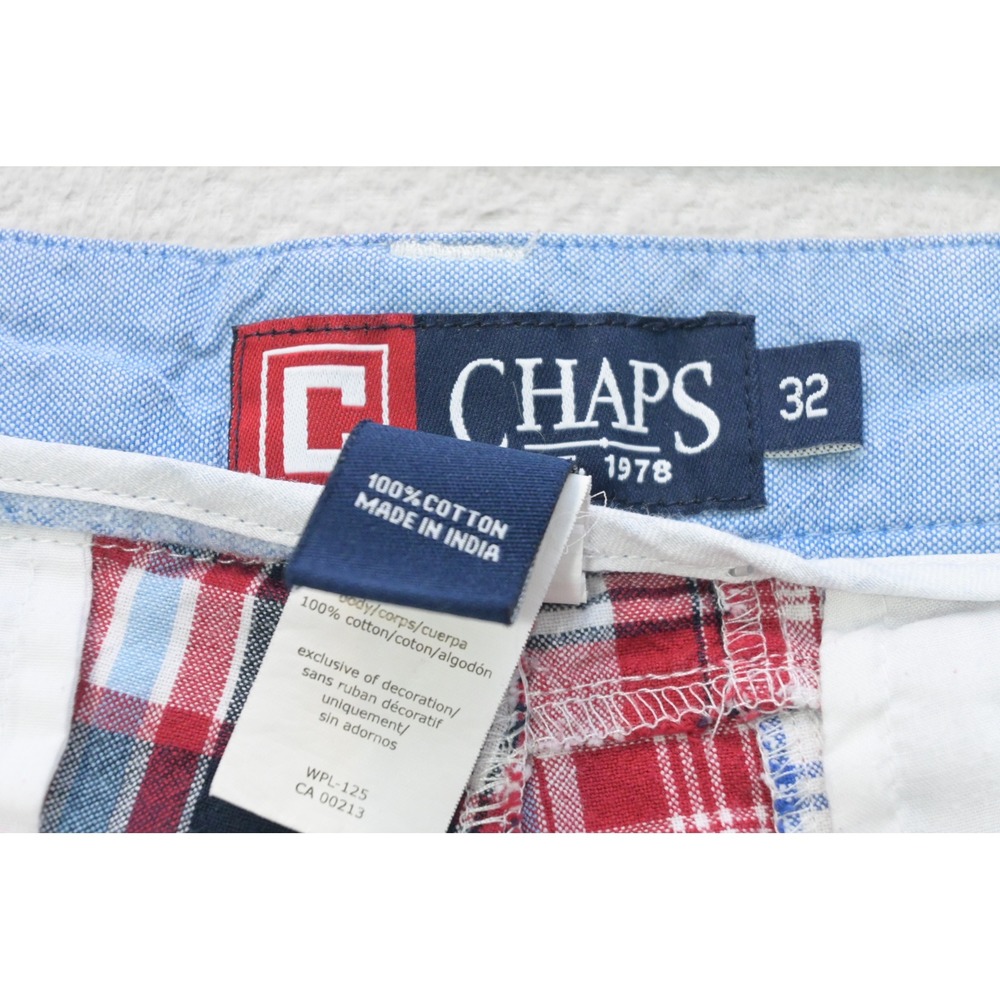 Chaps Patchwork Plaid Shorts Mens 32 Red White Blue Cotton Preppy Excellent - Picture 7 of 8